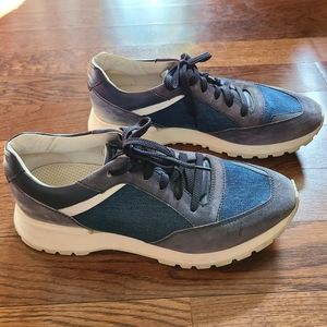 SANTONI denim and leather sneakers